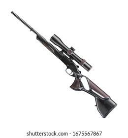 Hunting Rifle Isolated. Single Shot Bolt Action Rifled Gun. Long-Barrelled Firearm With Recoil Absorption System Or Adjustable Comb, Adjustable Recoil Pad. Hunting Weapon With Mounted Telescopic Sight