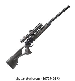 Hunting Rifle Isolated. Hunting Weapon With Mounted Telescopic Sight. Long-Barrelled Firearm With Recoil Absorption System Or Adjustable Comb, Adjustable Recoil Pad. Single Shot Bolt Action Rifled Gun