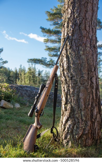 Hunting Rifle Leaning Against Tree Stock Photo (Edit Now) 500528596