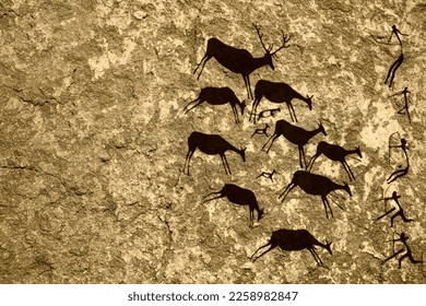  Hunting scenes. palaeolithic Petroglyphs carved in rocks. Cave art seamless pattern made of ancient wild animals, horses and hunters. Rock paintings. Stones with petroglyphs. people get food.