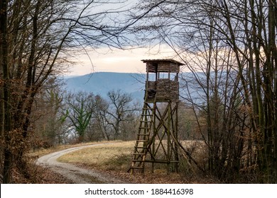 Hunting Tower On The Edge Of The Forest On A Foggy Cold Winter Day In The Wachau Valley In Austria