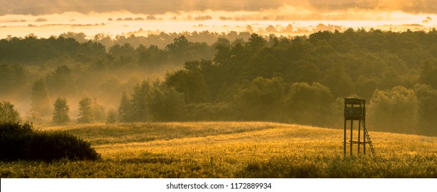 hunting tower in the valley in the morning mists - Shutterstock ID 1172889934