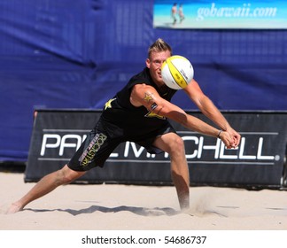 HUNTINGTON BEACH, CA - JUNE 6: Casey Patterson passing a serve at the AVP pro volleyball tournament June 6, 2010 in Huntington Beach, CA