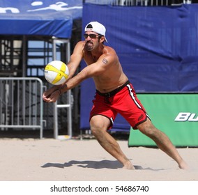 HUNTINGTON BEACH, CA - JUNE 6: Todd Rogers passing a serve at the AVP pro volleyball tournament June 6, 2010 in Huntington Beach, CA