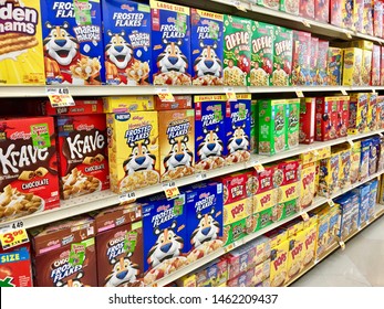 Huntington Beach, CA / USA - July 26, 2019: The Cereal Aisle At A Grocery Store 