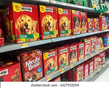 Huntington Beach, CA / USA - June 18, 2019: Milk Bone Dog Treat Boxes On A Walmart Store Shelf In The Pet Food Aisle