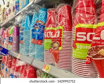 Huntington Beach, CA / USA - June 18, 2019: Red Solo Party Cup On Store Shelf