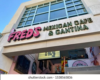 Huntington Beach, CA / USA - October 22, 2019: Fred's Mexican Cafe And Cantina Restaurant On Main St In Downtown Huntington Beach, California 