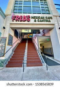 Huntington Beach, CA / USA - October 22, 2019: Fred's Mexican Cafe And Cantina Restaurant On Main St In Downtown Huntington Beach, California 