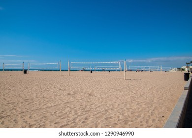 Huntington Beach, California - October 11, 2014: Rows of volleyball courts were seen at this popular beach on this date