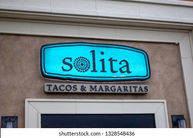 Huntington Beach, California/United States - 03/01/19: A Store Front Sign For The Restaurant Solita, Tacos And Margaritas