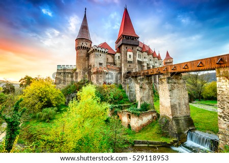 Hunyad Castle. Beautiful panorama of the Corvin's Castle with wooden bridge, Hunedoara, Transylvania, Romania, Europe.