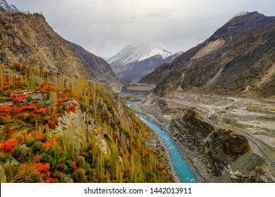 Hunza Nagar valley. cloudy sky in Karakoram range, with a view of Hunza river and forest trees in autumn season. Gilgit Baltistan, Pakistan. - Shutterstock ID 1442013911