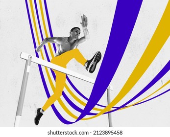 Hurdle race. Professional male runner, jogger on bright absract background. Modern design, contemporary creative art collage. Inspiration, idea, trendy magazine style, fashion and style.