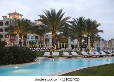 Hurghada Egypt - FEBRUARY 05, 2019: Scenic Landscape Near Swimming Pool Of Deluxe Hotel Baron Palace Sahl Hasheesh In The Evening.