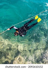 Hurghada, Egypt - May 28, 2021: Man Snokeling In Makadi Bay, Which One Of Egypt Beautiful Red Sea Riviera.