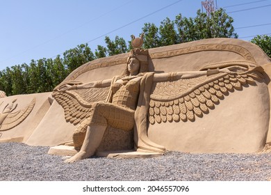 Hurghada, Red Sea Governorate, Egypt 13.09.2021: Sand Sculpture Depicting An Egyptian Goddess With Wings