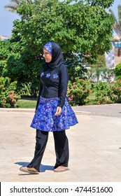 HURGHADA,EGYPT - SEPTEMBER 25,2010: Female Tourist Resting In A Hotel In The Arab Swimwear Burqini