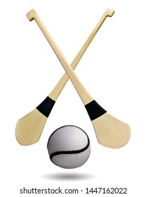 Hurley Ball And Hurley Stick Bats Isolated On White Background. This Has Clipping Path.