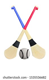 Hurley Ball And Hurley Stick Bats Isolated On White Background. This Has Clipping Path