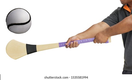 Hurley Ball And Hurley Stick Bats Isolated On White Background. This Has Clipping Path