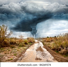 Hurricane, Flooded Road In Prairie And Dramatic Sky Background. Represent Apocalypse And Disaster