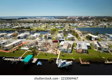 Hurricane Ian Destroyed Homes In Florida Residential Area. Natural Disaster And Its Consequences