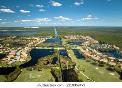 Hurricane Ian Flooded Houses In Florida Residential Area. Natural Disaster And Its Consequences