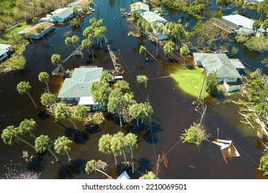 Hurricane Ian Flooded Houses In Florida Residential Area. Natural Disaster And Its Consequences