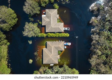 Hurricane Ian Flooded Houses In Florida Residential Area. Natural Disaster And Its Consequences