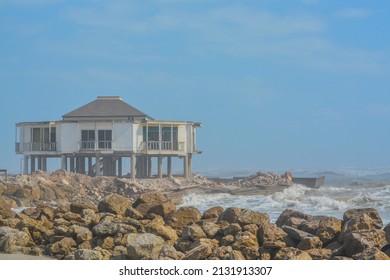 Hurricane Nicholas, Damaged A Home On The Beach Of The Gulf Of Mexico, Brazoria County, Texas