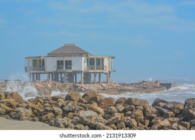 Hurricane Nicholas, Damaged A Home On The Beach Of The Gulf Of Mexico, Brazoria County, Texas