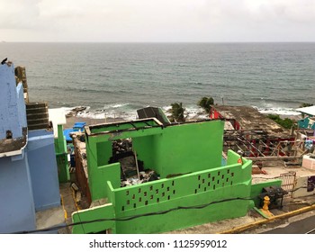 Hurricane Season: Destructive Forces Of A Hurricane To Abandoned Beach House Near The Ocean; Walls Torn Off Building,Weather, Safety, Rebuilding, Industry, Reconstruction, Revitalization Of Community 