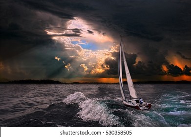 A hurricane in a stormy sea.Travel on a sailing boat.
