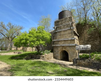Hurstville Lime Kilns in Maquoketa, Iowa. Four kilns heated limestone rock mined from nearby quarries. Process formed lime mortar used in  construction midwest buildings in 1870 - 1920s. 