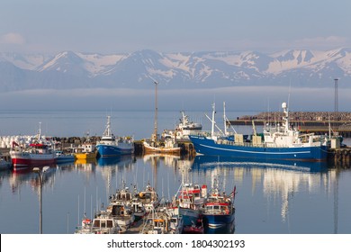 Husavik, Iceland- 25 August 2015: Cutters moored in port, currently used for whale watching voyages.