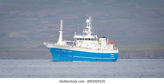 Husavik, Iceland on August 2, 2021: Commercial pelagic fishing vessel fishing in Icelandic waters