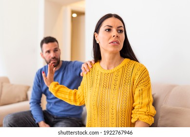 Husband apologizes to wife for treason. Repentant man hope for forgiveness from sad pensive woman. Family on verge of divorce. Couple treason problem concept