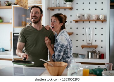 Husband Wife Making Pancakes Home Loving Stock Photo 1853006