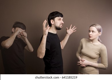 Husband And Wife Quarrel. The Psychology Of Manipulation. Manipulation In The Family. Man Angry, Shouted At The Woman.