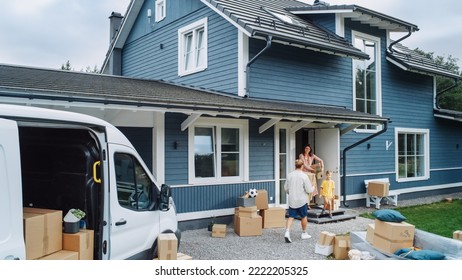 Husband, Wife and a Young Son Moving to Their New Home in Residential Area. Handsome Man Unloading a Cargo Van Full of Cardboard Moving Boxes. Delivery Transportation Car Sharing Service. - Powered by Shutterstock