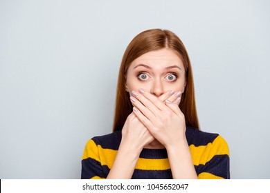 Hush scared business people coughing big pop-eyed fashion concept. Close up portrait of pretty cute terrified frightened mute silent manager model with palms over mouth isolated gray background