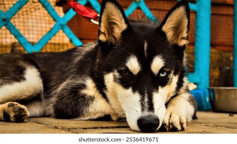 husky, blue eyes, heterochromia, loyal dog, close-up, dog portrait, Siberian husky, intense gaze, pet photography, black and white fur, alert ears, animal expression, canine beauty, wolf-like - Powered by Shutterstock