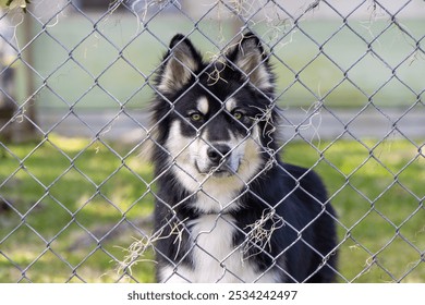 Husky dog staring through chain link fence - Powered by Shutterstock