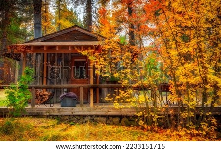 A hut in the autumn forest. Forest hut in autumn. Autumn forest hut. Hut in autumn forest