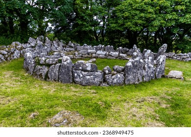 hut circle in Remains of Din Lligwy, or Din Llugwy ancient village, Near Moelfre, Anglesey, North Wales, UK, landscape, wide, angle, wideangle.