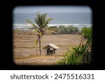 Hut and coconut tree on beach with black framing effect from crop lens. Using APS-C lens with full frame camera. Ujung Genteng Beach, Sukabumi, West Java. Indonesia coastline, beach and landscape. 