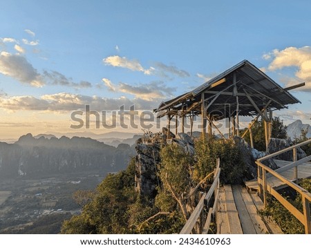 Hut at Mountain viewpoint in Vang Vieng, Laos. Beautiful Nature during Sunrise time, Hike, Nature, Relay, Calmness, sky, holiday