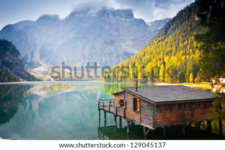 Hut on Braies lake and Dolomiti, Trentino Alto Adige, Italy