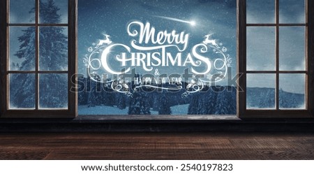 Hut open window with night view of a wintry landscape and Christmas holidays wishes